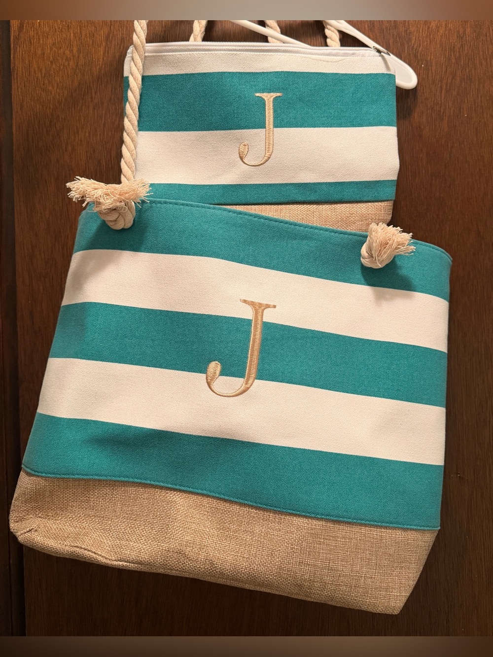 Embroidered 'J' Monogram Teal & White Striped Beach Bag with Clutch